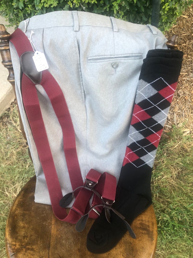 38 waist, JOSEPH A. BANK!!! Lighter wt. wool!.WITH lining!!! Suspender  buttons! NEW adjustable suspenders! NEW long argyle knicker socks! DAPPER!!!
